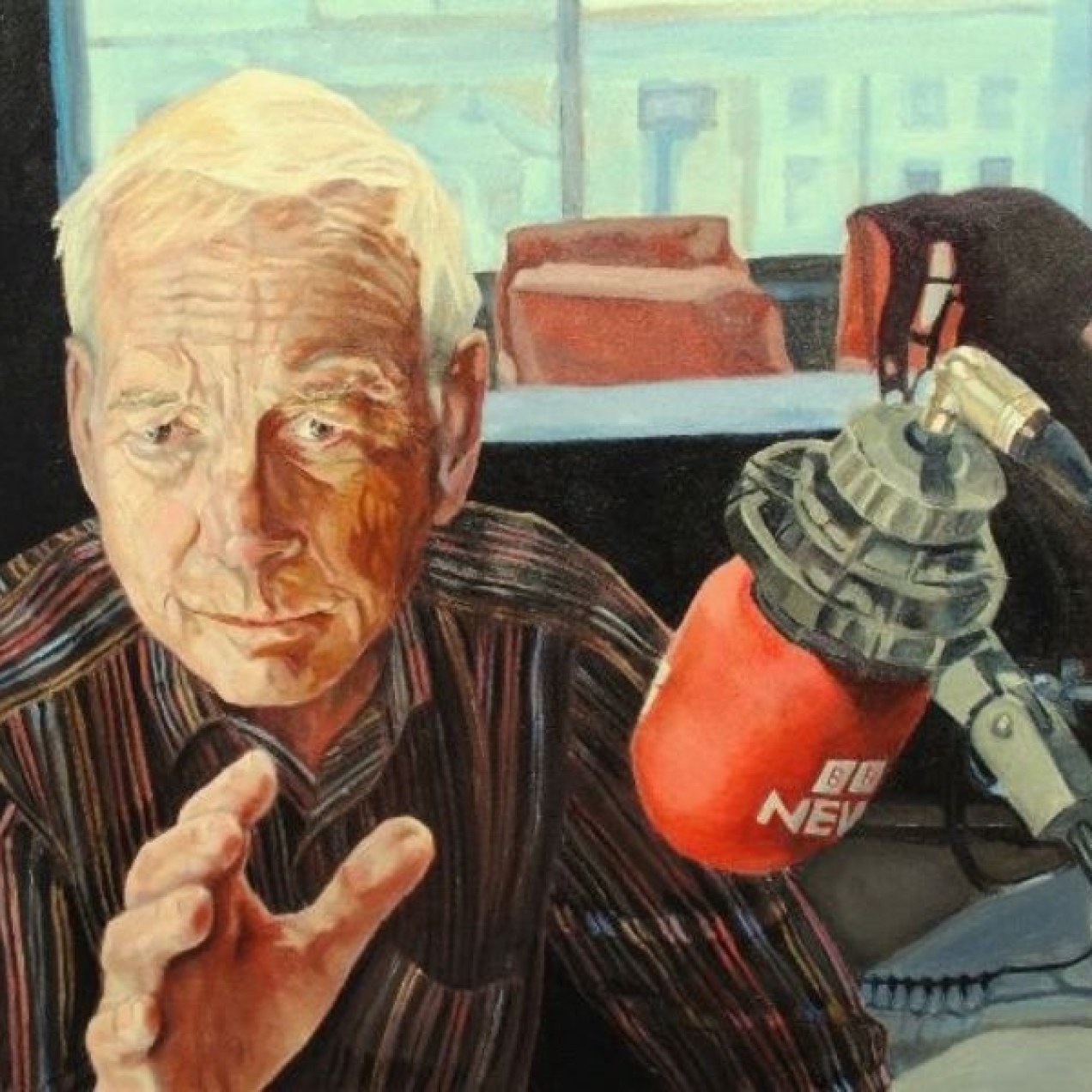 A painting of the broadcaster John Humphrys, a white man with white hair and wearing a brown shirt sat behind a red BBC microphone with a window behind him
